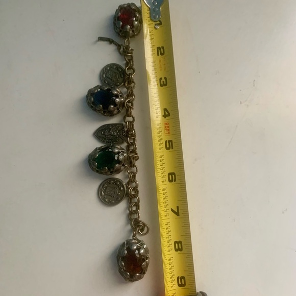 VTG Antique Silver Coin Multi Color Stones Charm Bracelet Unique - Picture 10 of 10